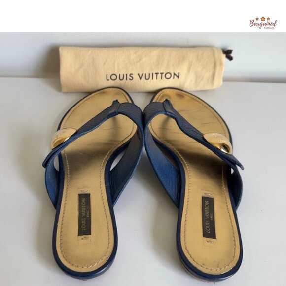 Authentic Louis Vuitton Navy Leather Chaussures Slides Thong Sandals 38.5/8.5 - Picture 12 of 13